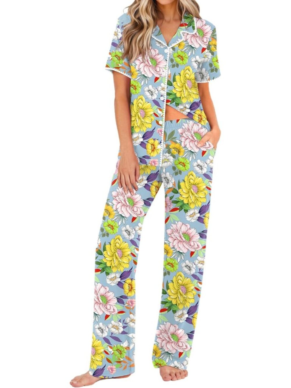 Women's Yellow Button Down Short Sleeve Shirt Loungewear Pajamas Set